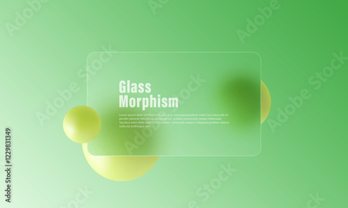 Abstract eco background in glass morphism style. Rectangular frosted glass screen with levitating green spheres.