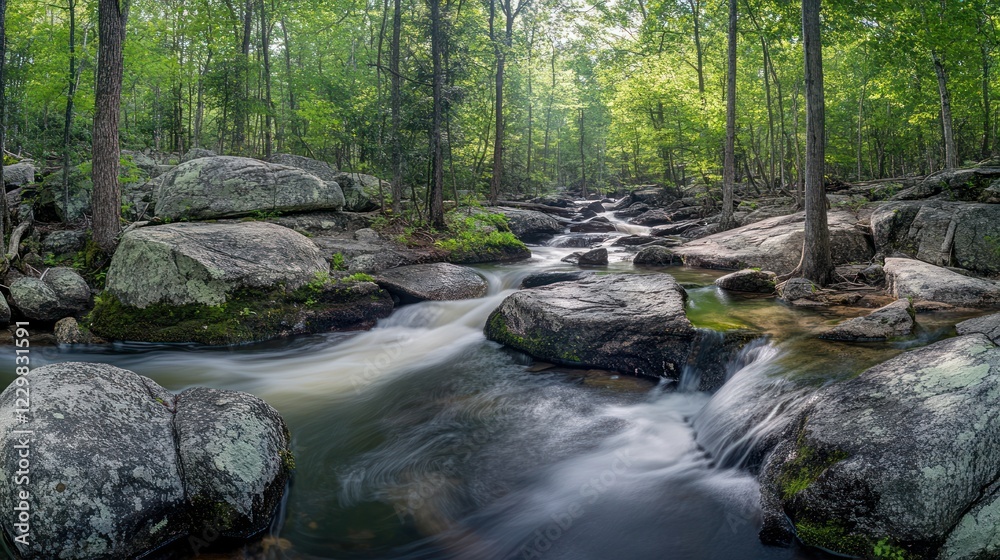 Serene forest stream flows over rocks, sunlight dappling through trees, nature background, peaceful scene Serene forest stream flows over rocks, sunlight dappling through trees, nature background, peaceful scene