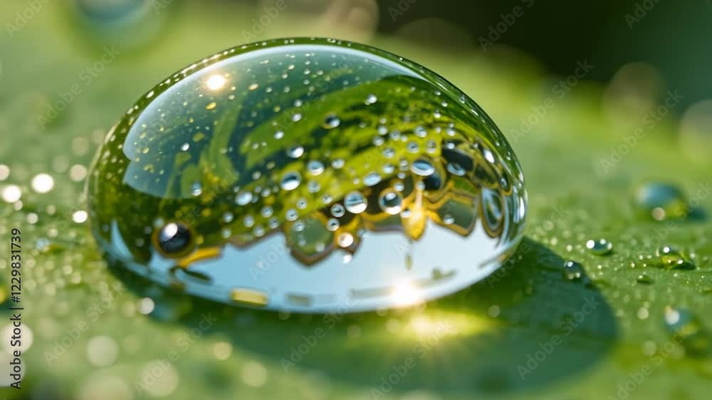 Macro shot of glistening dew drops on a vibrant green leaf