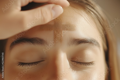 Young woman receiving ash cross on forehead for Ash Wednesday ritual under soft light photo