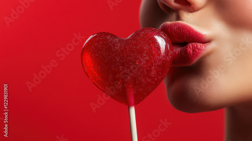 Close up of a woman with red lipstick and a valentine heart lolly