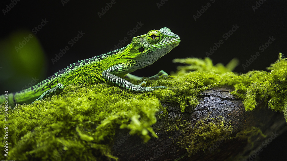 Fototapeta premium Green tree frog on moss-covered branch. Ideal for wildlife photography, nature studies, and environmental conservation.