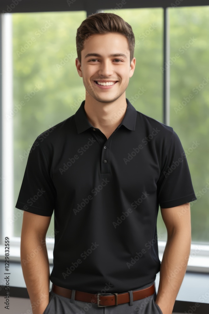 smiling man in black polo shirt standing in front of a window smiling man in black polo shirt standing in front of a window