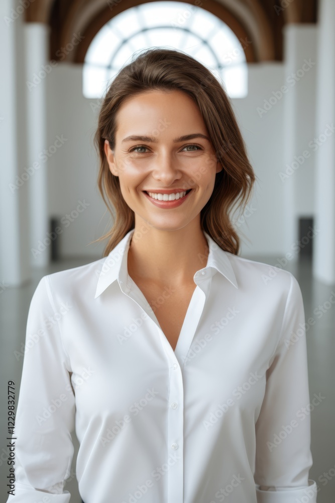 smiling woman in white shirt standing in a large room smiling woman in white shirt standing in a large room