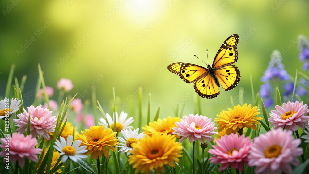 Vibrant Spring and Easter Floral Scene with Butterfly, Ideal for Marketing, Greeting Cards, and Seasonal Promotions Vibrant Spring and Easter Floral Scene with Butterfly, Ideal for Marketing, Greeting Cards, and Seasonal Promotions