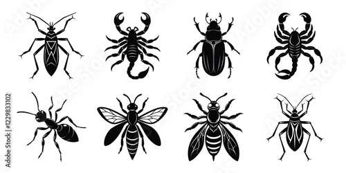 Set of insects silhouettes. Vector illustrations poisonous insects isolated on white background