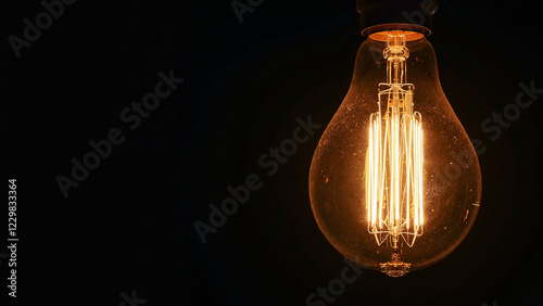 Vintage Lightbulb with Warm Glow on Dark Background, Ideal for Décor Shops, Retro Blogs, and DIY Promotions