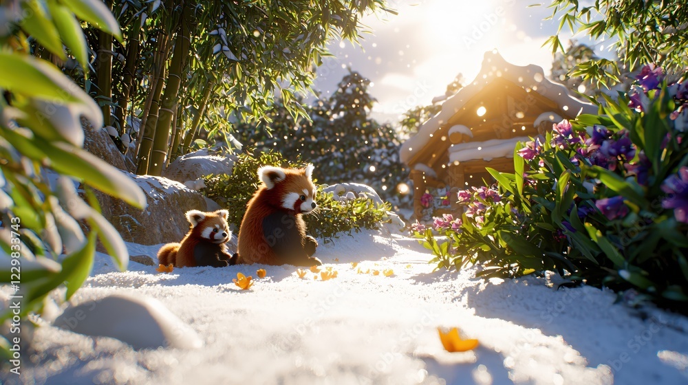 Obraz premium Red pandas in snowy landscape with bamboo and flowers near a cabin under bright sunlight