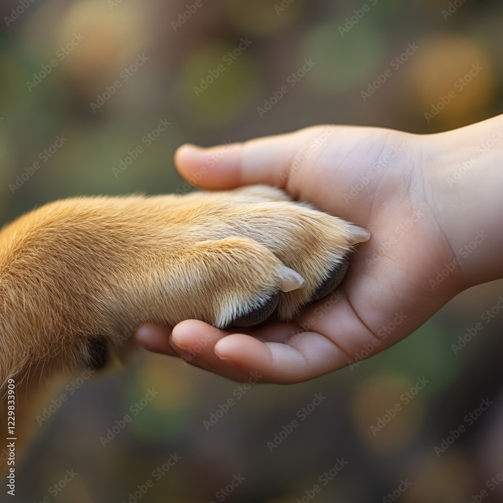 Close up of a dog paw resting in a childs hand with a soft blurred background of nature Close up of a dog paw resting in a childs hand with a soft blurred background of nature