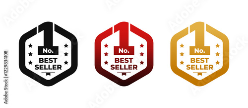 Set of number 1 best seller hexagon badge isolated on white background. For icon, logo, label, seal, tag, sign, seal, symbol, stamp, sticker, emblem, banner.  Vector illustration