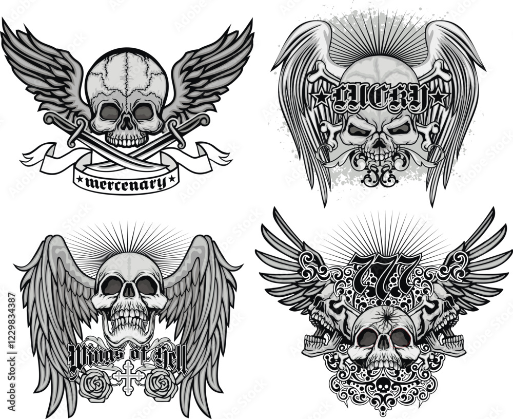 Fototapeta premium set, gothic sign with skull, grunge vintage design t shirts