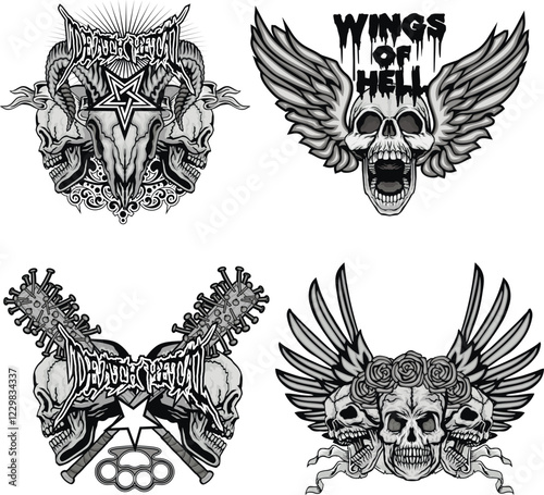 set, gothic sign with skull, grunge vintage design t shirts
