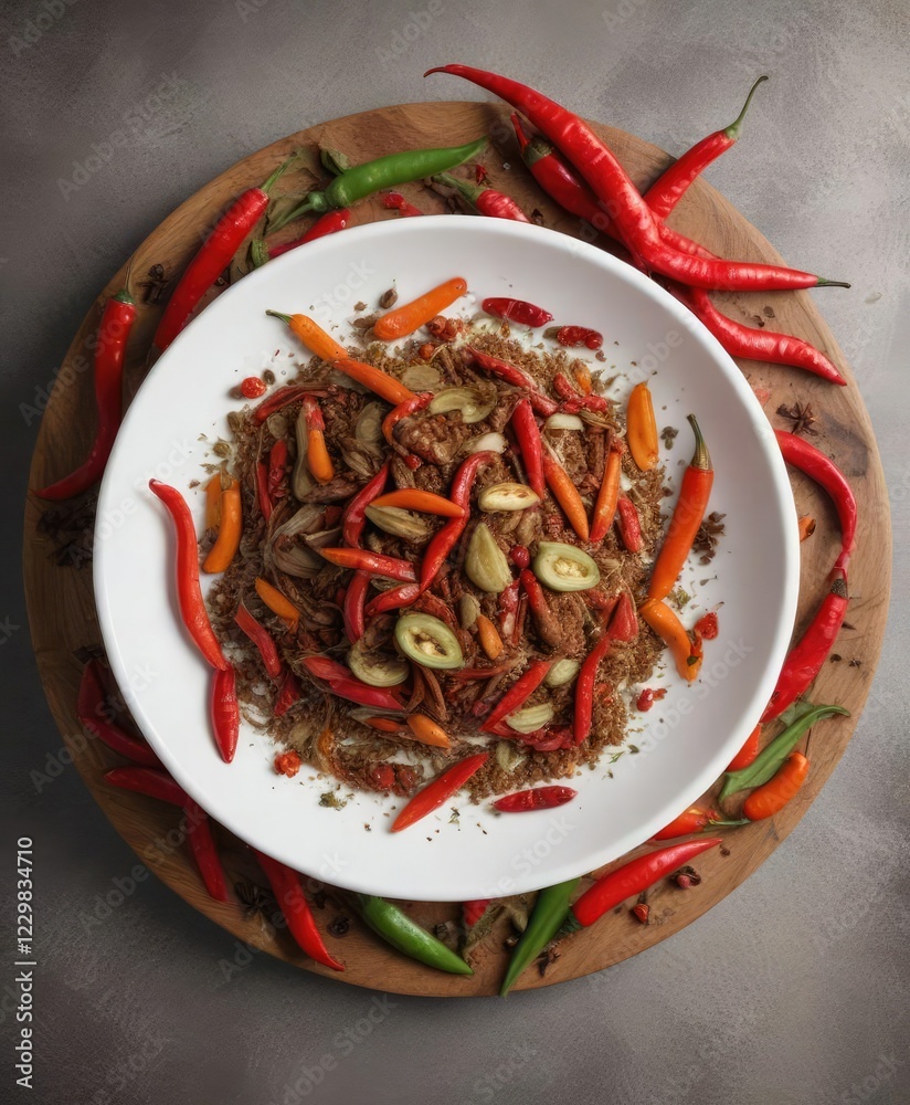 Overhead shot of a white plate containing an assortment of chili peppers, red pepper flakes, and ground cumin, vibrant spices, cooking creativity, flavor balance Overhead shot of a white plate containing an assortment of chili peppers, red pepper flakes, and ground cumin, vibrant spices, cooking creativity, flavor balance