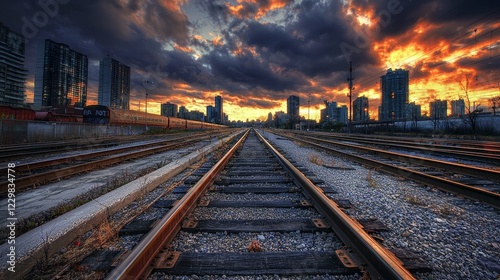 Fiery Sunset over Cityscape Railway Tracks