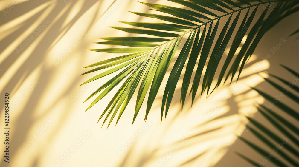 Fototapeta premium Palm leaf shadow on beige wall. Ideal for tropical decor, minimalist design, and natural aesthetics.