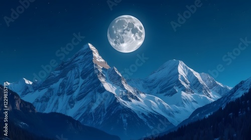 Funned mountain peaks under the moonlight. A bright night in the mountains on the full moon. The mountain panorama of the snowy mountains under the moon.