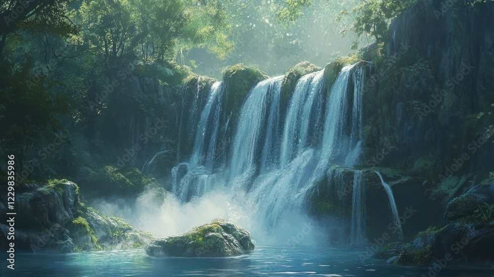 Serene jungle waterfall cascading into pool, misty morning Serene jungle waterfall cascading into pool, misty morning