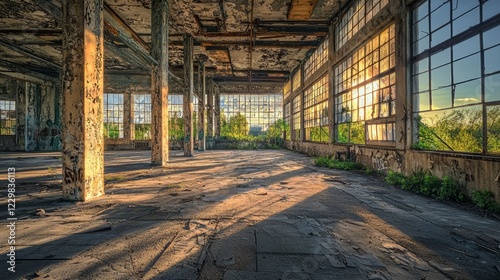 Abandoned Factory at Sunset:  Nature Reclaiming Industry