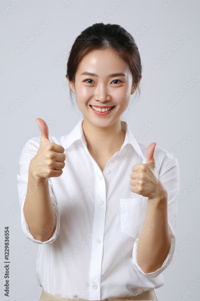 smiling woman in white shirt giving thumbs up with both hands smiling woman in white shirt giving thumbs up with both hands