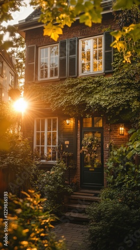 A stunning Mocha Mousse-painted urban townhouse with large windows, surrounded by greenery