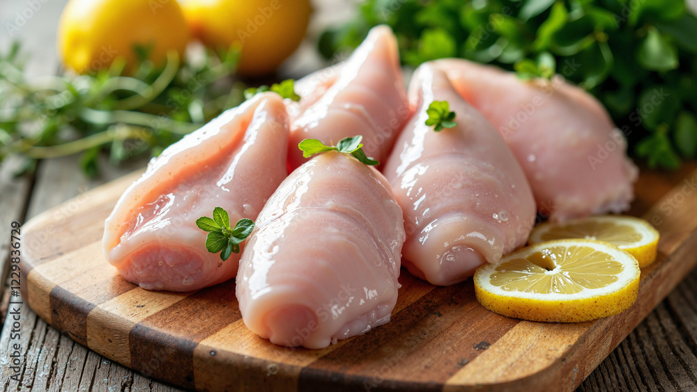 Fresh Raw Chicken on Rustic Wooden Cutting Board with Herbs and Lemon, Perfect for Food Blogs, Recipe Ads, and Culinary Magazines Fresh Raw Chicken on Rustic Wooden Cutting Board with Herbs and Lemon, Perfect for Food Blogs, Recipe Ads, and Culinary Magazines