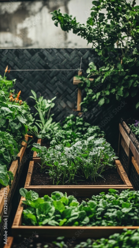 Lush Green Vegetable Garden with Wooden Planters in Urban Setting Lush Green Vegetable Garden with Wooden Planters in Urban Setting