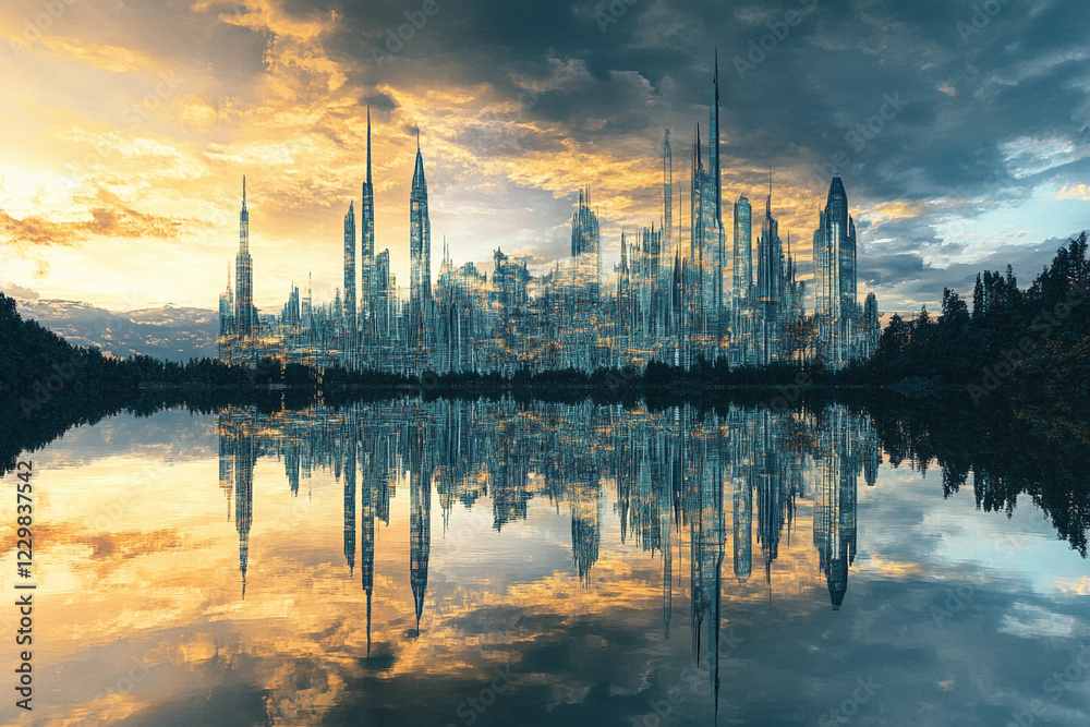 Obraz premium City skyline reflects in calm lake surrounded by trees during sunset with vibrant clouds and soft glow