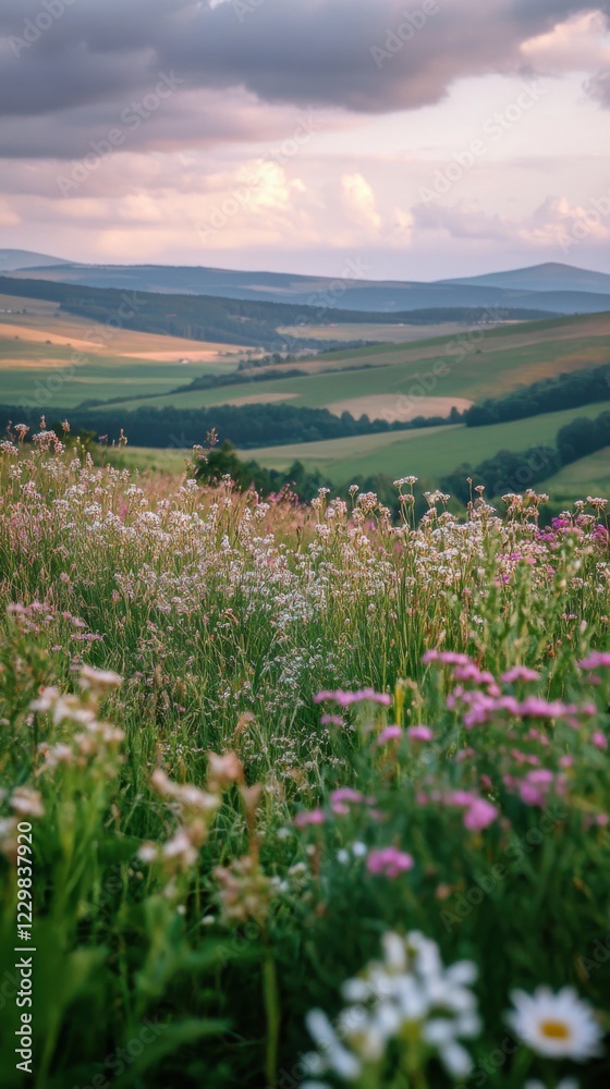Serene Meadow Landscape with Wildflowers and Rolling Hills Serene Meadow Landscape with Wildflowers and Rolling Hills