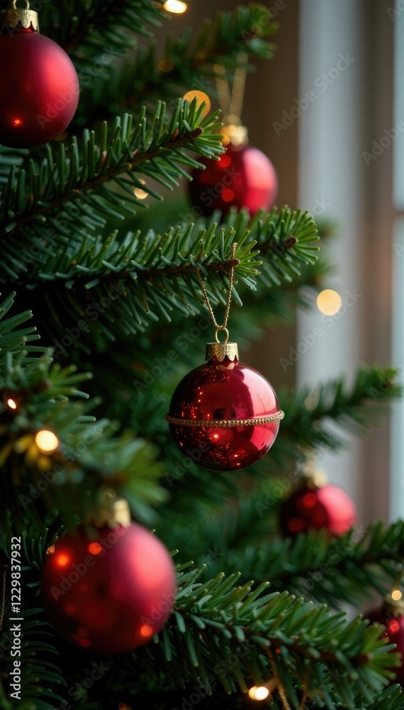 Christmas tree branches adorned with shiny red bells and festive greenery, holiday, merry, decoration Christmas tree branches adorned with shiny red bells and festive greenery, holiday, merry, decoration