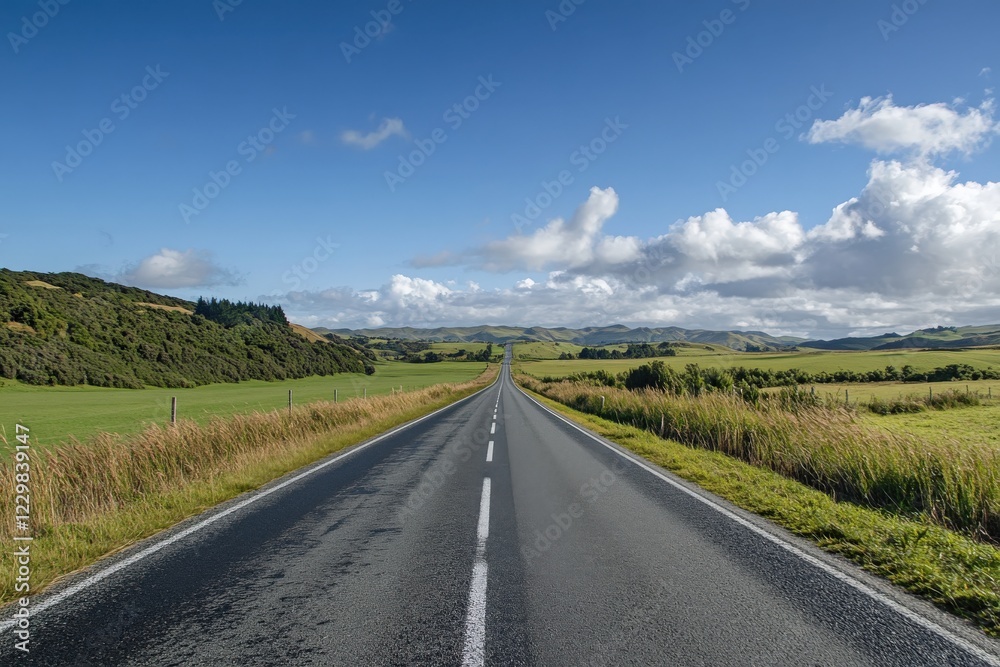An empty road through a grassy field under cloudy skies An empty road through a grassy field under cloudy skies