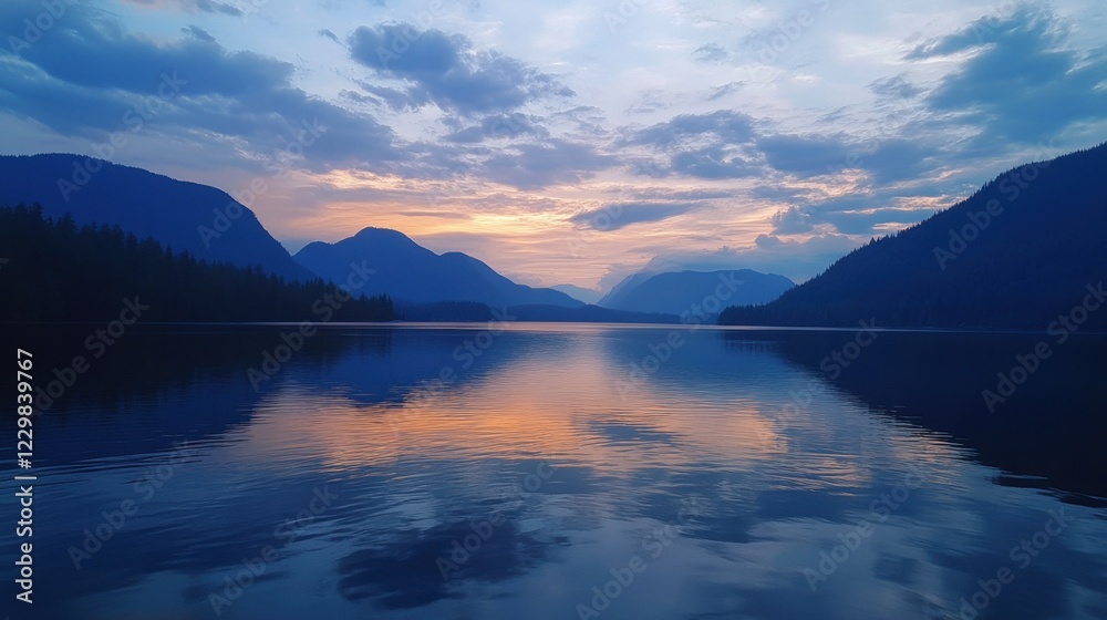 Serene Lake Reflection at Dusk with Mountains and Colorful Sky Serene Lake Reflection at Dusk with Mountains and Colorful Sky