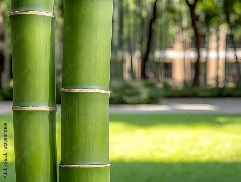 Lush bamboo stalks, park backdrop, tranquil scene, nature poster