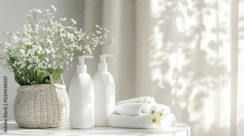 A white table with two bottles of eco-friendly cleaning products, fresh flowers in a woven basket, and towels on the side A white table with two bottles of eco-friendly cleaning products, fresh flowers in a woven basket, and towels on the side