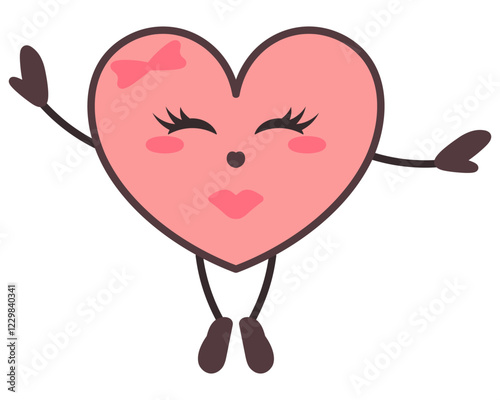 Contented pink character in the shape of a heart. Female symbol of love closes eyes and jumps on tiptoes, spreading arms to the sides. Enthusiastic smile on face, decoration bow, eyelashes. 