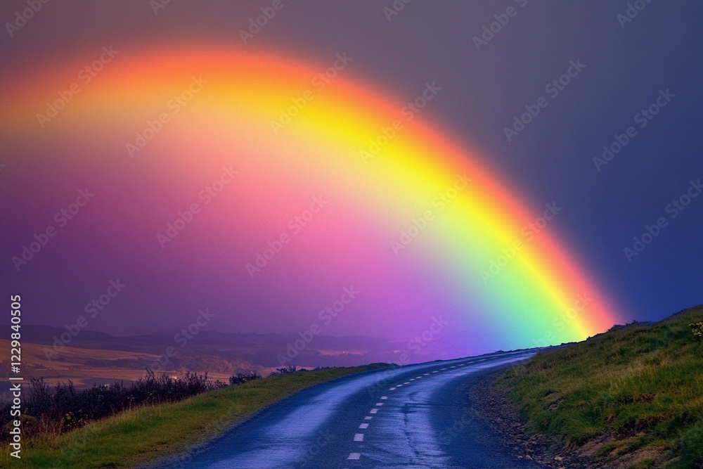 Obraz premium Colorful rainbow arches over winding road near grassy hills after a rainstorm during late afternoon