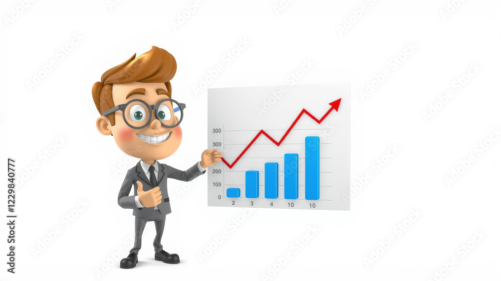 3D cartoon manager presenting growth chart with enthusiasm and confidence. character showcases positive trend in data, symbolizing success and achievement 3D cartoon manager presenting growth chart with enthusiasm and confidence. character showcases positive trend in data, symbolizing success and achievement