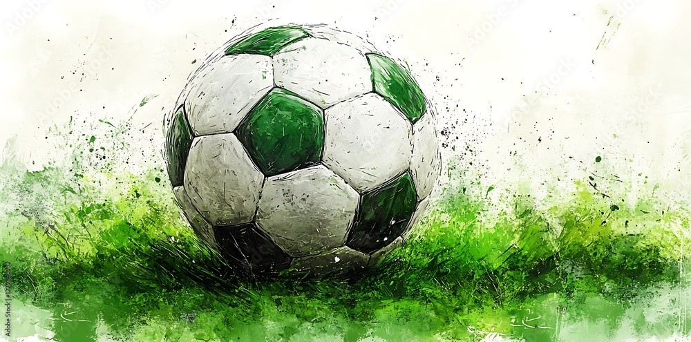 Naklejka premium Illustration of a soccer ball with watercolor splashes and grunge scratches.