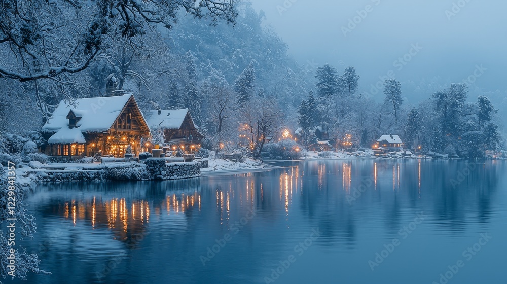 Obraz premium Serene winter wonderland scene with cozy cabins nestled along a peaceful lakeshore, illuminated by soft lights and surrounded by snow-covered trees