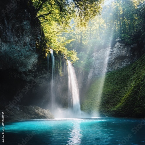 Serene Waterfall Cascading into a Tranquil Forest Pool