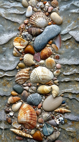 Frottage art with imprints of natural rocks, pebbles, and seashells, coastal and serene, 2k  photo