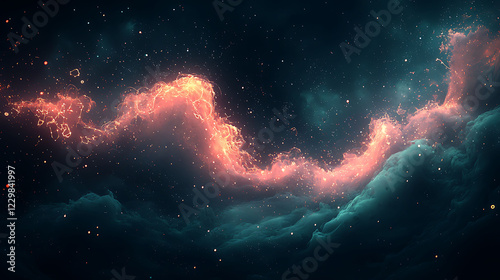 Stunning cosmic artwork featuring a vibrant, fiery orange nebula swirling through a dark teal, starstudded expanse. photo