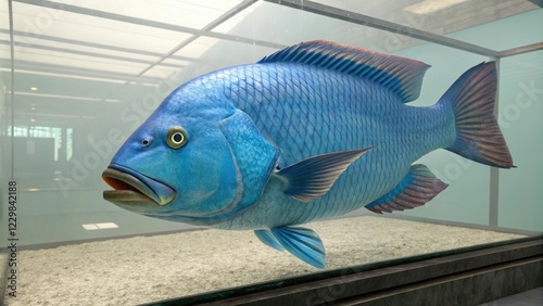 Large Blue Victoria Mouthbrooder Fish in Tank, aquatic plants, freshwater habitat, blue fish, gravel, water environment photo