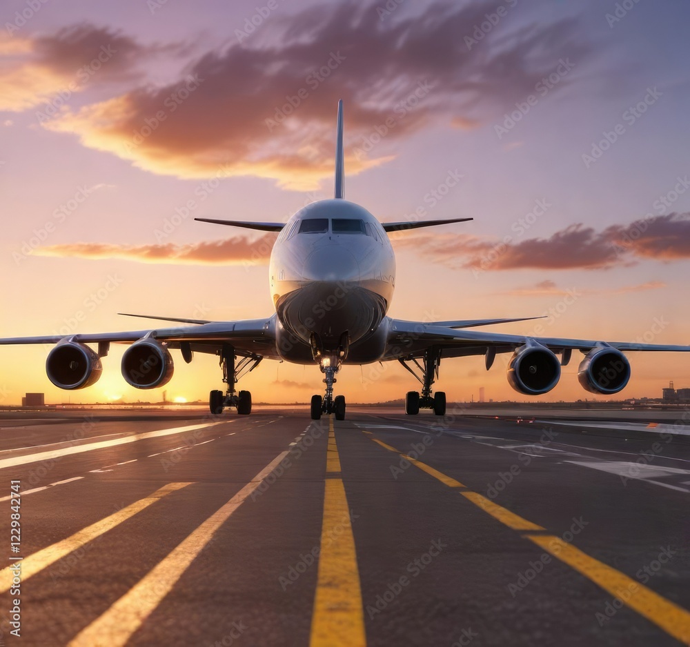 Large jetliner approaching the runway during a serene sunset, landing gear, horizon, sunlit Large jetliner approaching the runway during a serene sunset, landing gear, horizon, sunlit