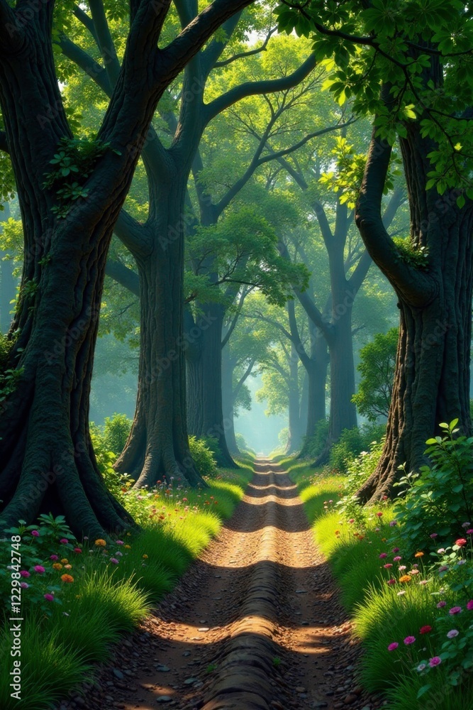 Naklejka premium Towering trees lining the ancient pilgrim route, woodlands, landscape, branches