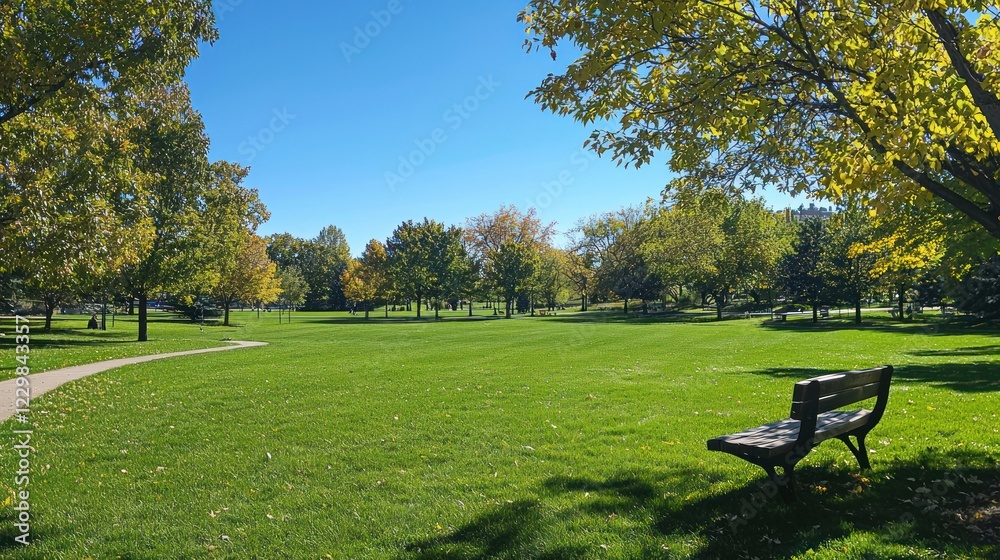 A peaceful park with a thick, vibrant grass carpet under a bright blue sky A peaceful park with a thick, vibrant grass carpet under a bright blue sky