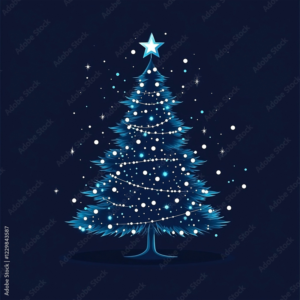 A stylized Christmas tree with a glowing star on top and string lights against a dark blue background A stylized Christmas tree with a glowing star on top and string lights against a dark blue background