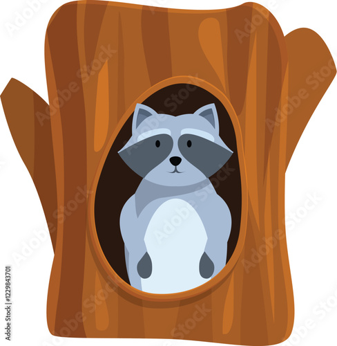 Cute raccoon living in its den inside a tree trunk in the woods