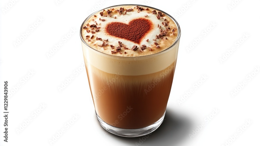 A Valentine coffee latte with a heart-shaped foam design and a sprinkle of cocoa on top A Valentine coffee latte with a heart-shaped foam design and a sprinkle of cocoa on top