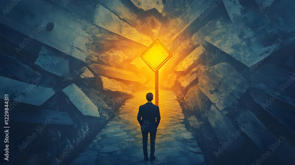 Individual Contemplating Future in Dramatic Tunnel with Sign