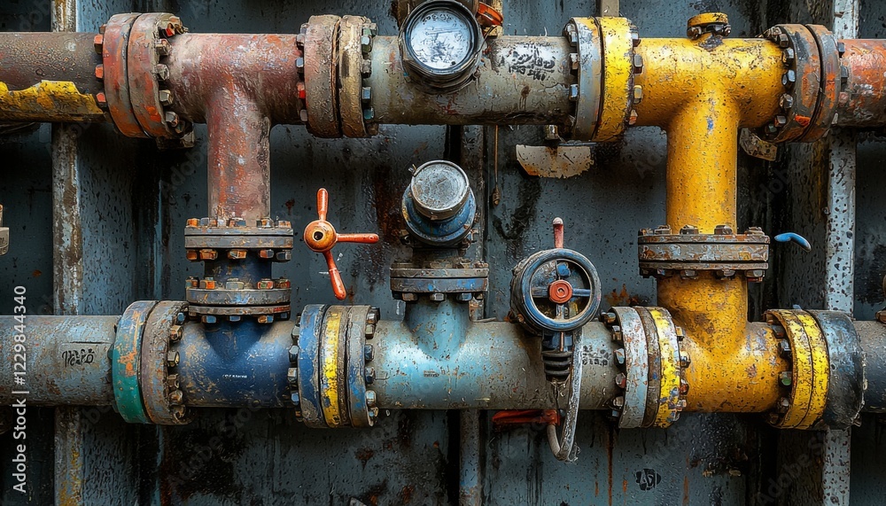 close-up of petroleum pipelines and a pipe rack, showcasing the industrial materials and connections in a bustling industrial zone, with a gritty aesthetic